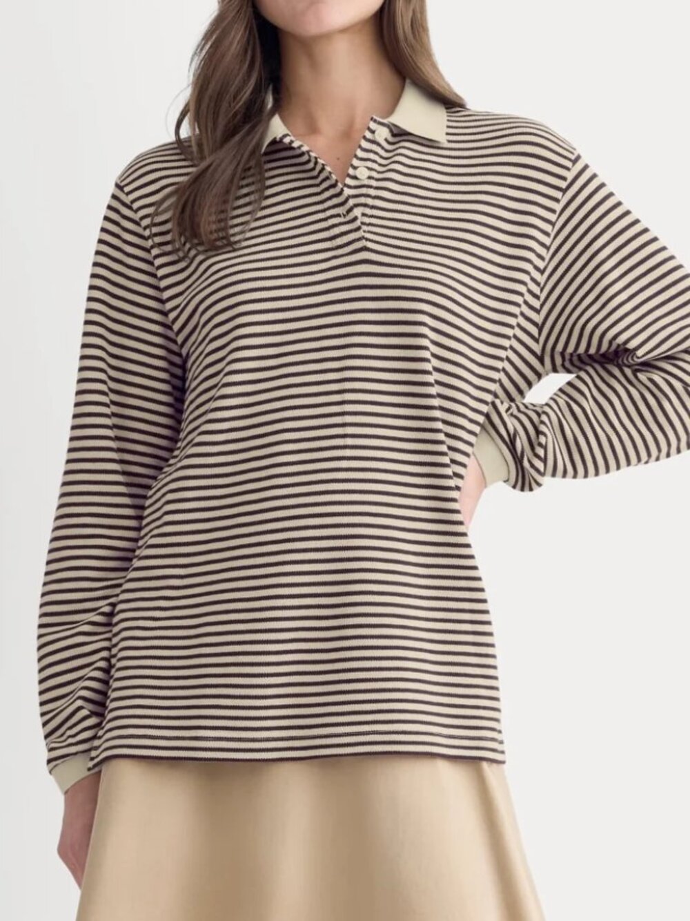 Everlane Oversized Pique Polo Shirt Long Sleeve Striped Beige Women's Medium